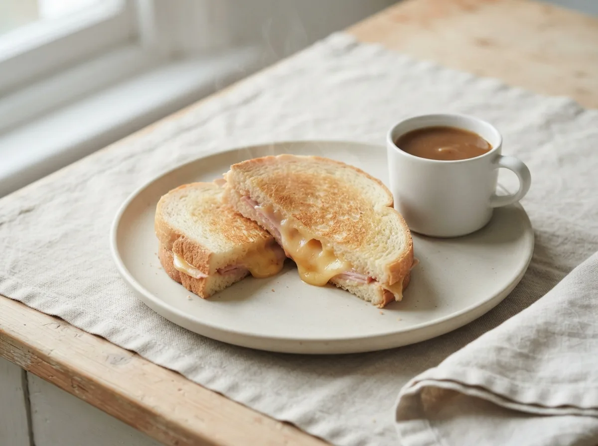 A ham and cheese toastie cut in half, showing melted cheese inside, next to a small mug of gravy.