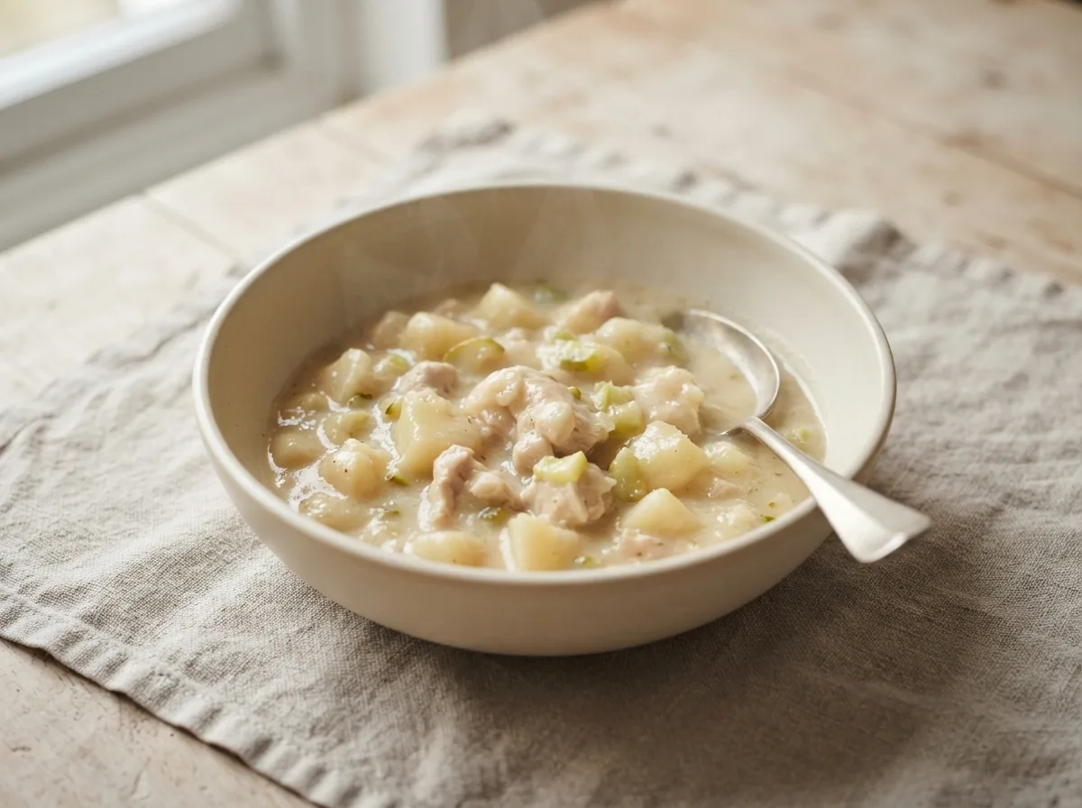 A bowl of creamy chicken and potato stew with small pieces of courgette.