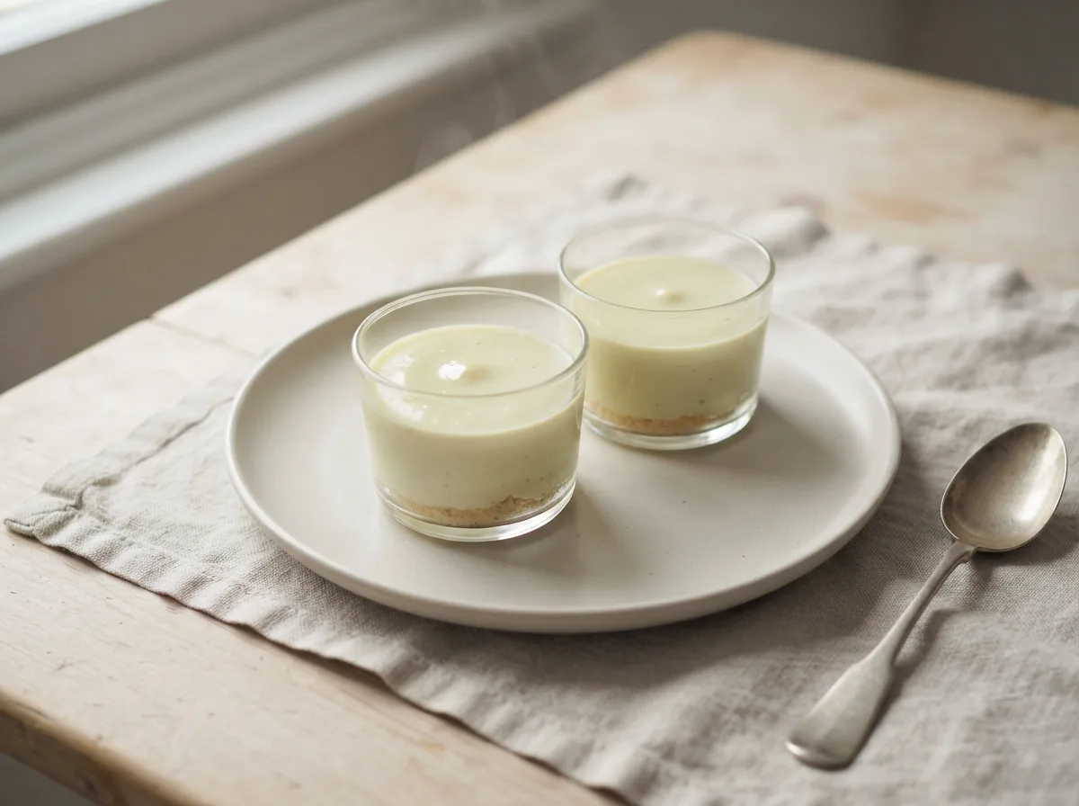 Two glasses of pale greenish-ivory key lime pie filling set over a golden biscuit base.