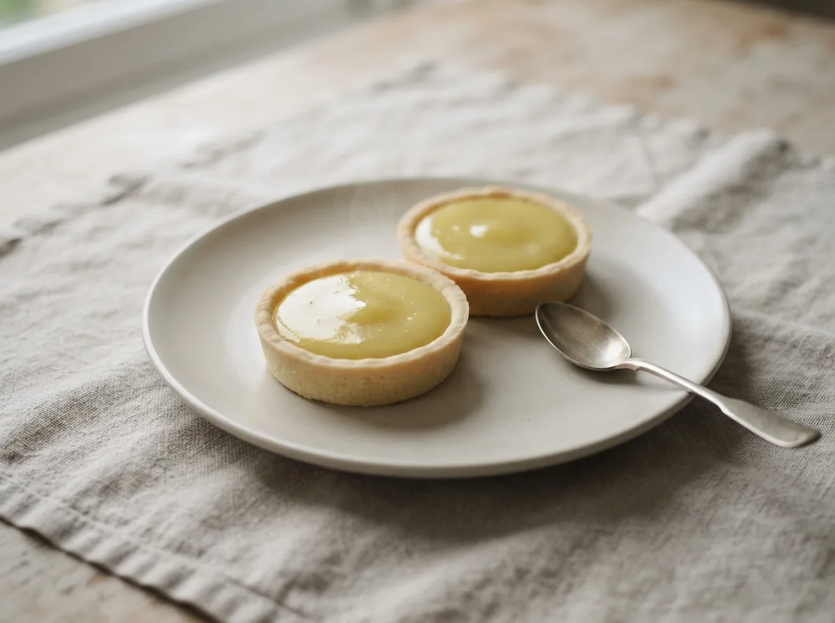 Two small tarts with pale pastry cases filled with glossy yellow lemon curd.