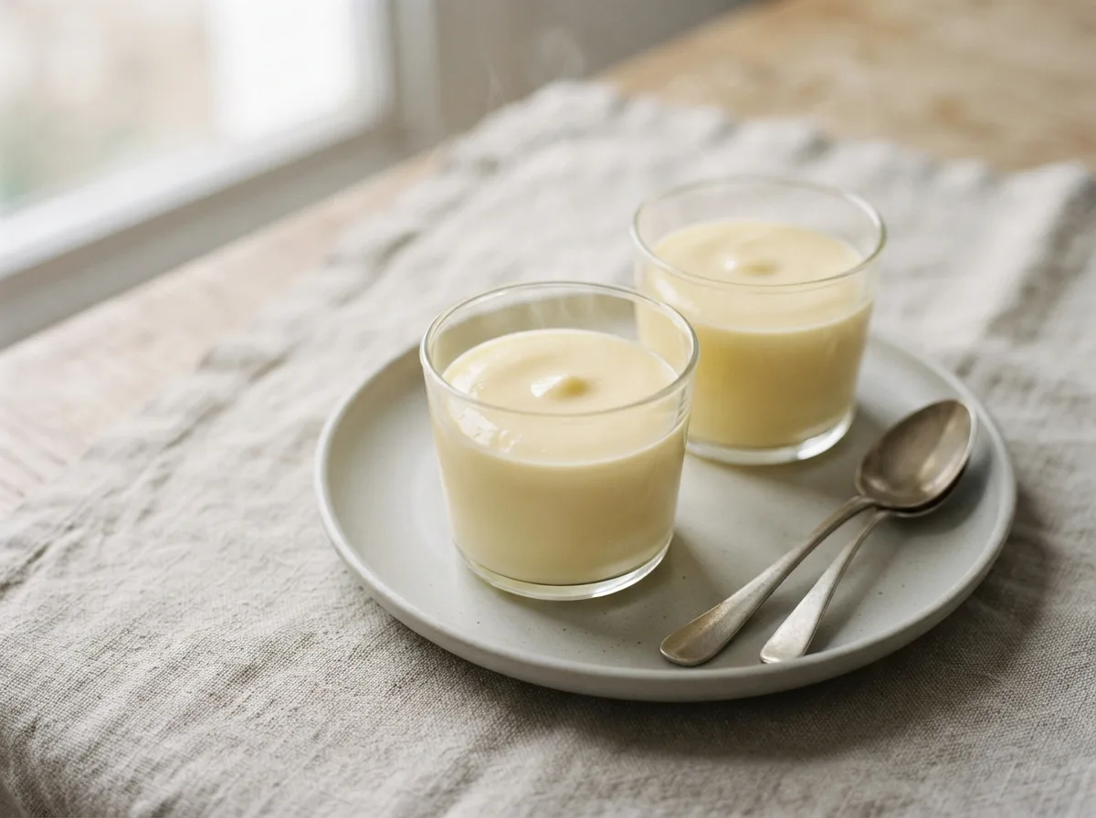 Two glasses of pale, smooth lemon posset with a teaspoon beside each.