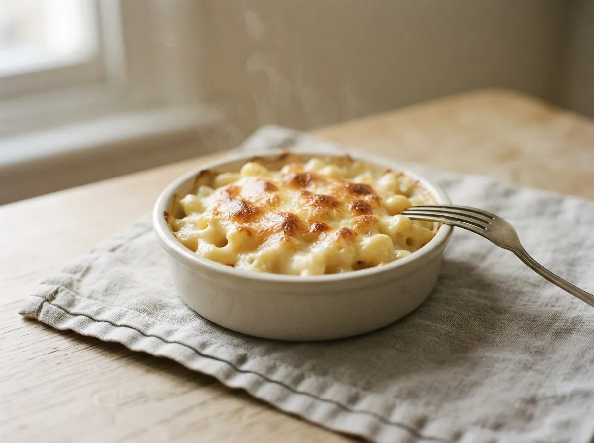 A small dish of macaroni cheese with a golden grilled top, a fork resting against it.