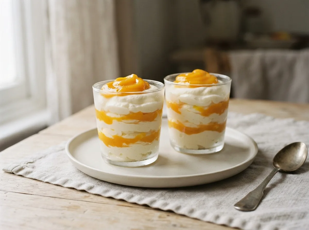 Two glasses of whipped cream rippled with bright orange mango purée.