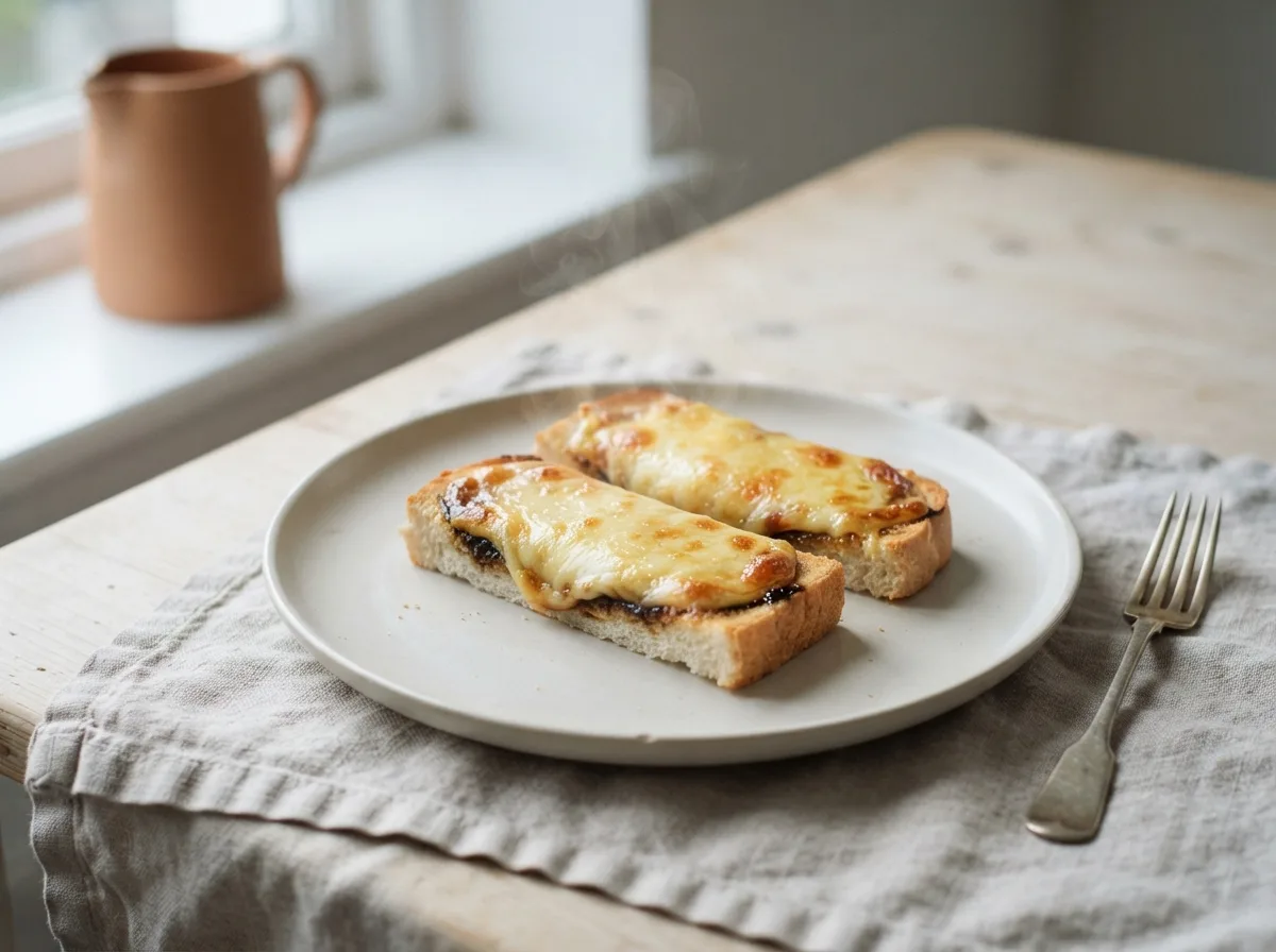 Toast fingers topped with melted cheese and a thin layer of Marmite underneath.