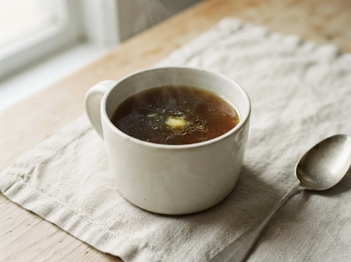 A mug of dark, steaming savoury broth with a faint gloss of butter on the surface.