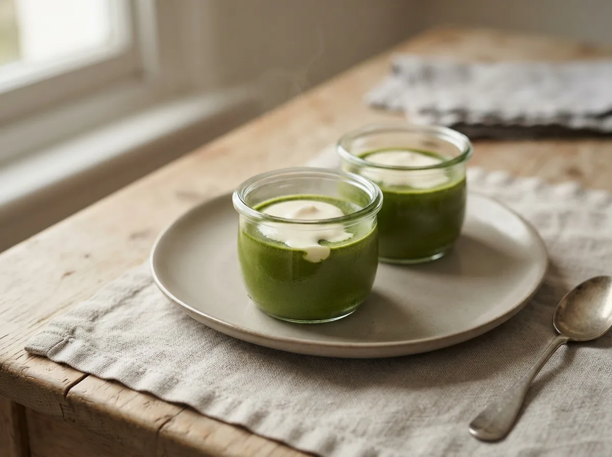 Two glasses of vivid green matcha and white chocolate pudding topped with a spoonful of cream.