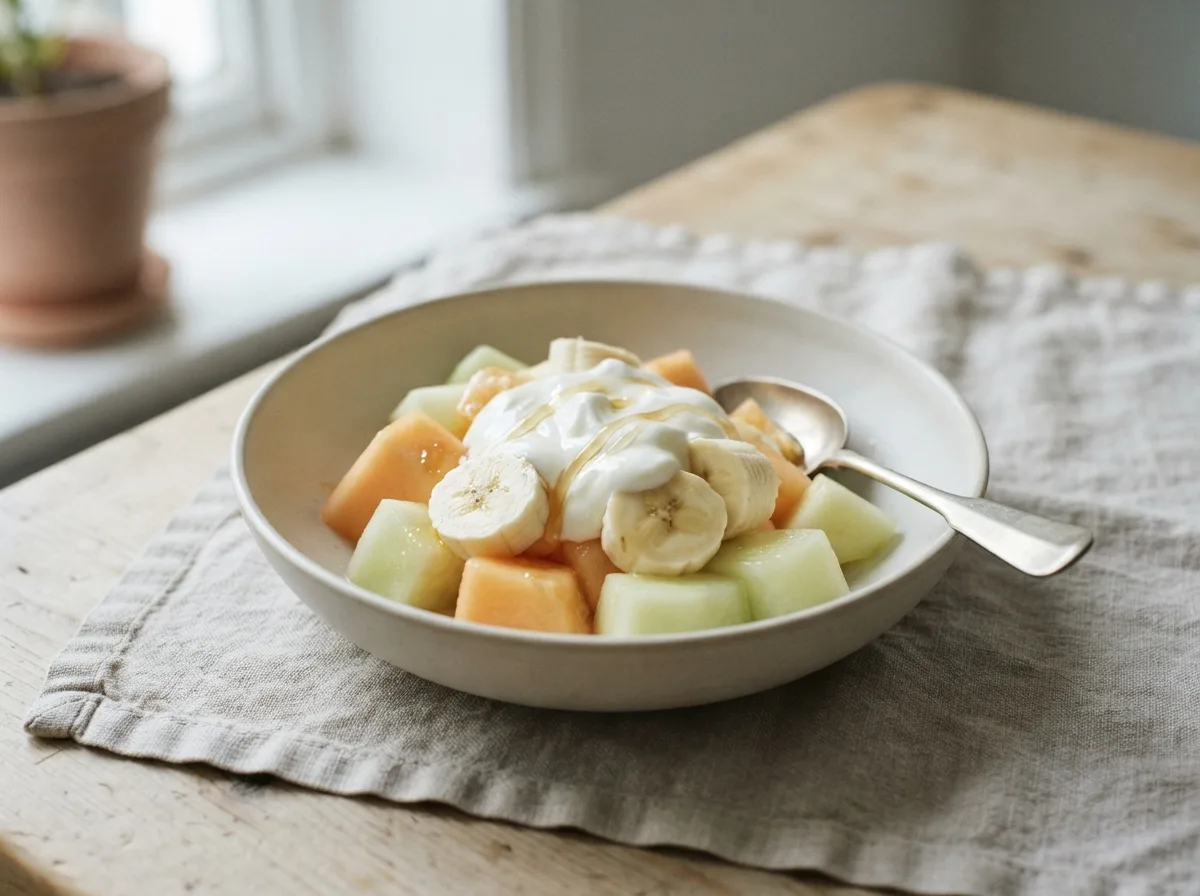 A bowl of cubed melon and sliced banana topped with yoghurt and a drizzle of honey.