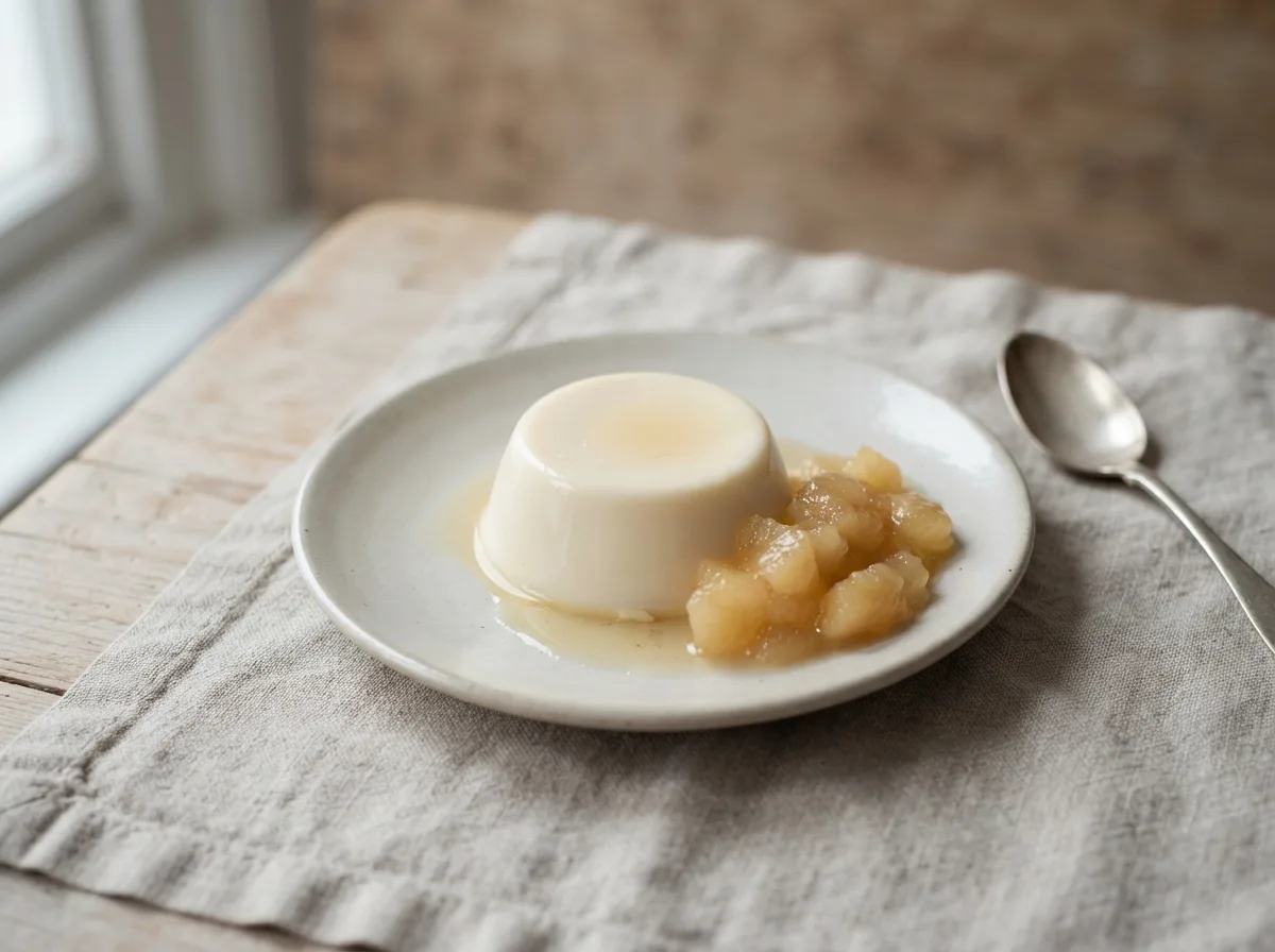 A turned-out panna cotta on a plate next to a spoonful of pale stewed apple compote.