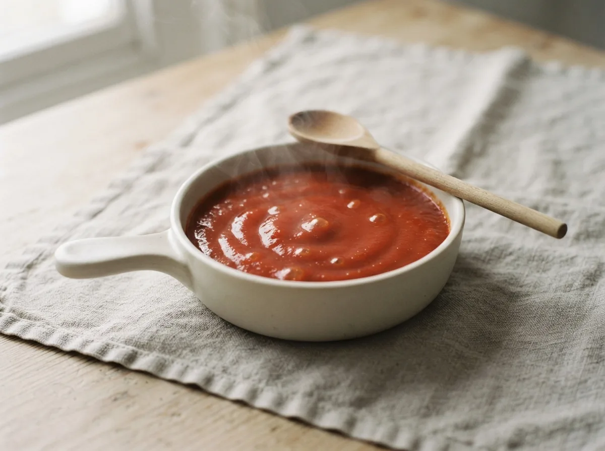 A pan of smooth, deep red tomato sauce with a wooden spoon resting across the rim.
