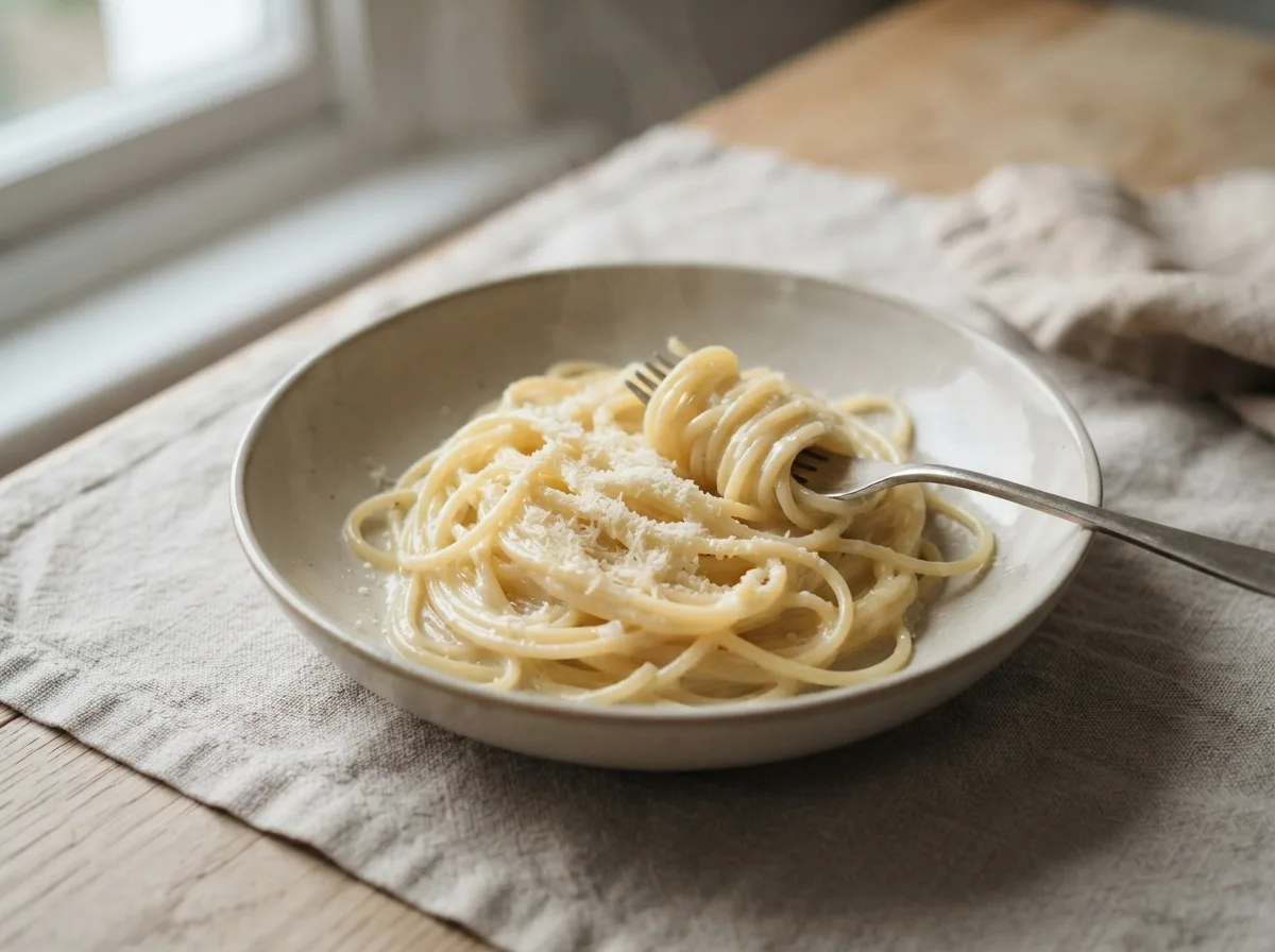 A bowl of spaghetti coated in a glossy butter and Parmesan sauce, a fork twisted into the strands.