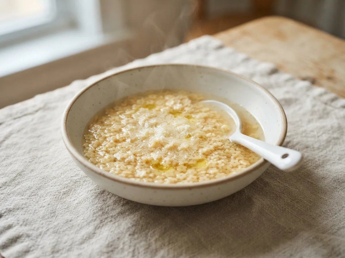 A bowl of clear golden chicken broth with tiny star-shaped pasta and melting Parmesan, a spoon resting in it.