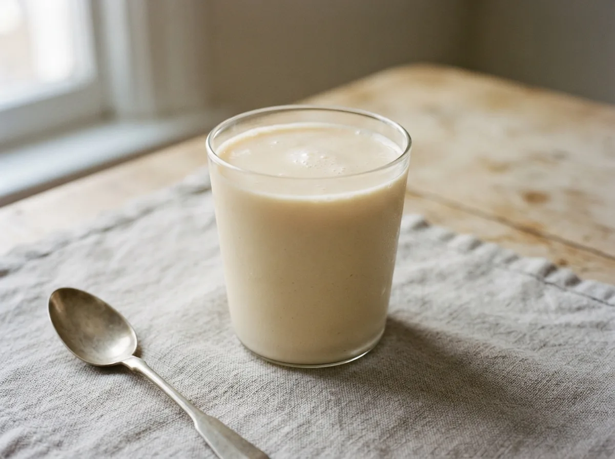 A tall glass of thick, pale gold peach milkshake filled almost to the rim.