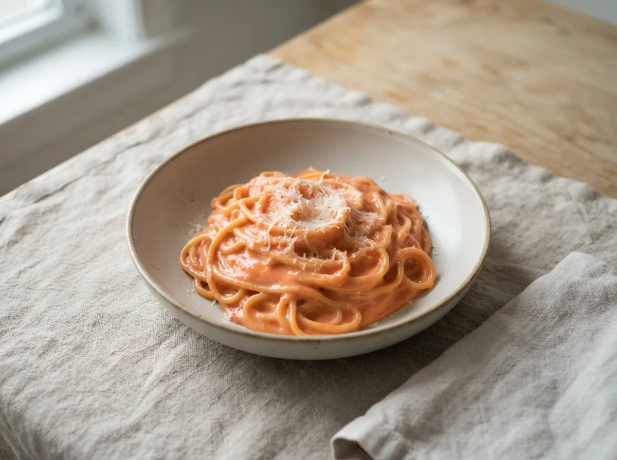 A bowl of pasta coated in a bright coral-pink passata and mascarpone sauce.
