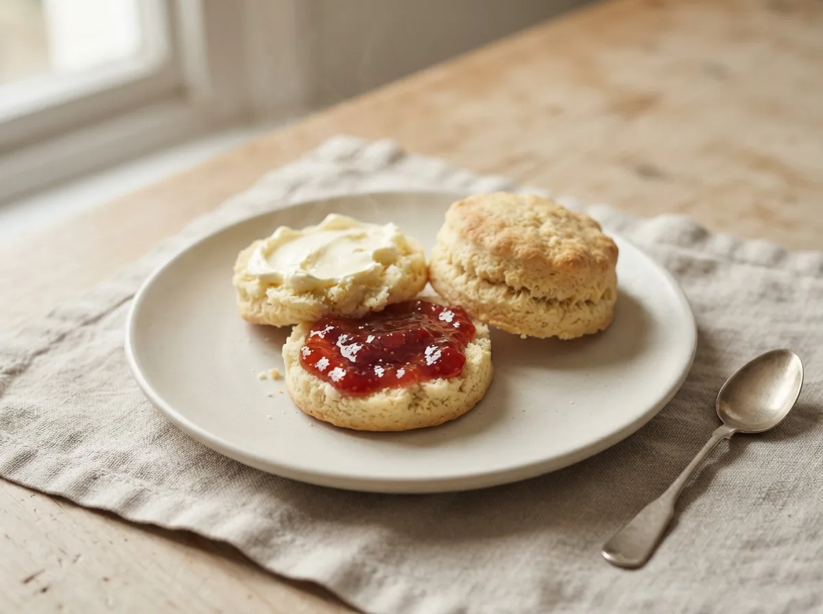 A split scone with jam on one half and clotted cream on the other, next to a whole scone.