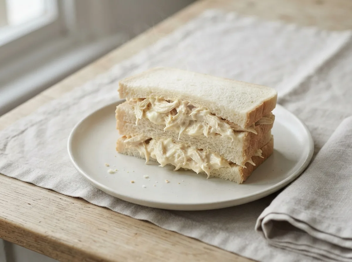 A halved sandwich showing shredded chicken in mayonnaise between two slices of soft white bread.