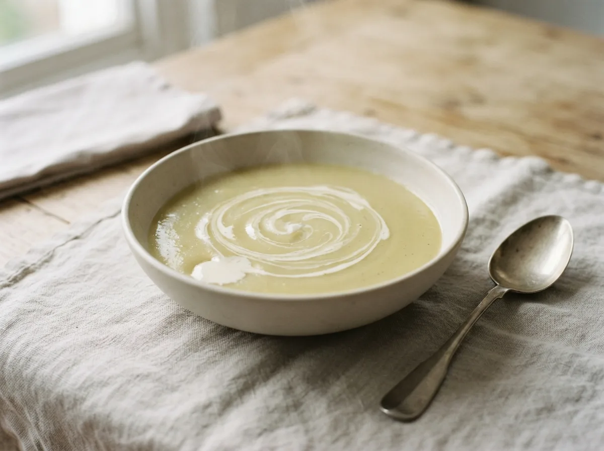A bowl of smooth pale green-gold potato and leek soup with a swirl of cream on top.