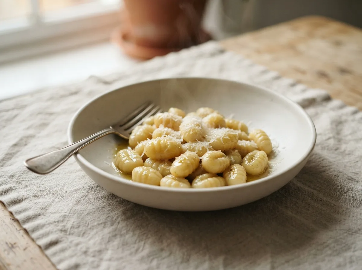 A bowl of small potato gnocchi coated in golden sage butter with grated Parmesan on top, a fork resting in the bowl.