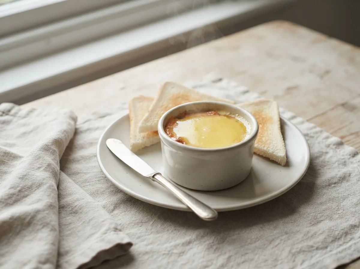 A ramekin of potted salmon sealed under golden butter, served with triangles of thin white toast.