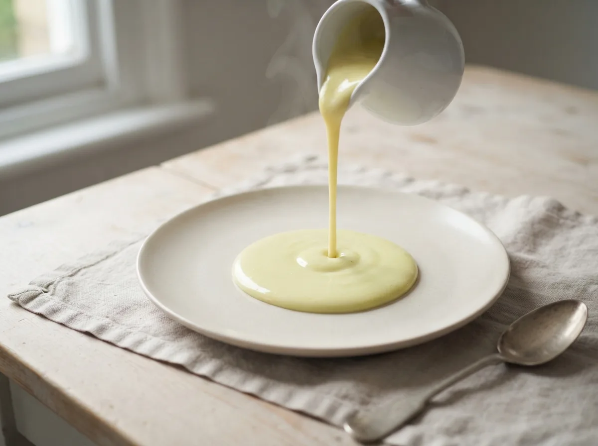A jug of thick, pale yellow custard being poured in a smooth ribbon.