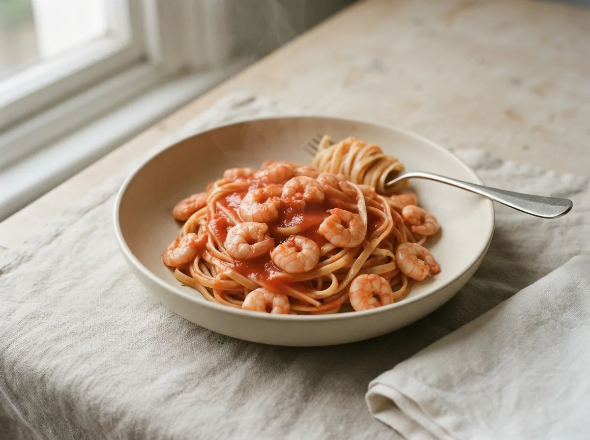 A bowl of linguine in a tomato sauce with pink prawns, a fork resting on the rim.