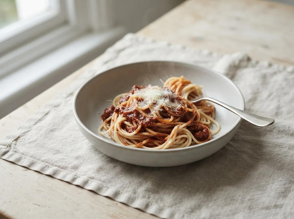 A bowl of spaghetti coated in a rich tomato and vegetable-mince sauce with grated Parmesan on top.
