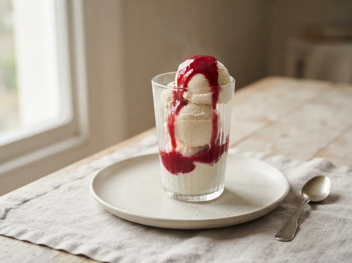 A glass of vanilla ice cream with a bright red raspberry coulis poured over the top.