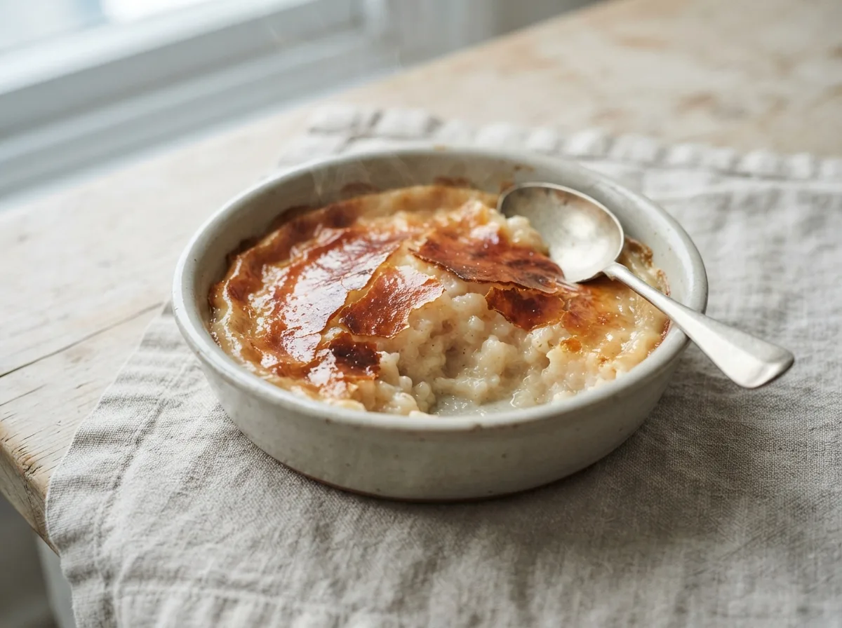 A dish of baked rice pudding with a cracked, dark caramelised sugar crust on top.
