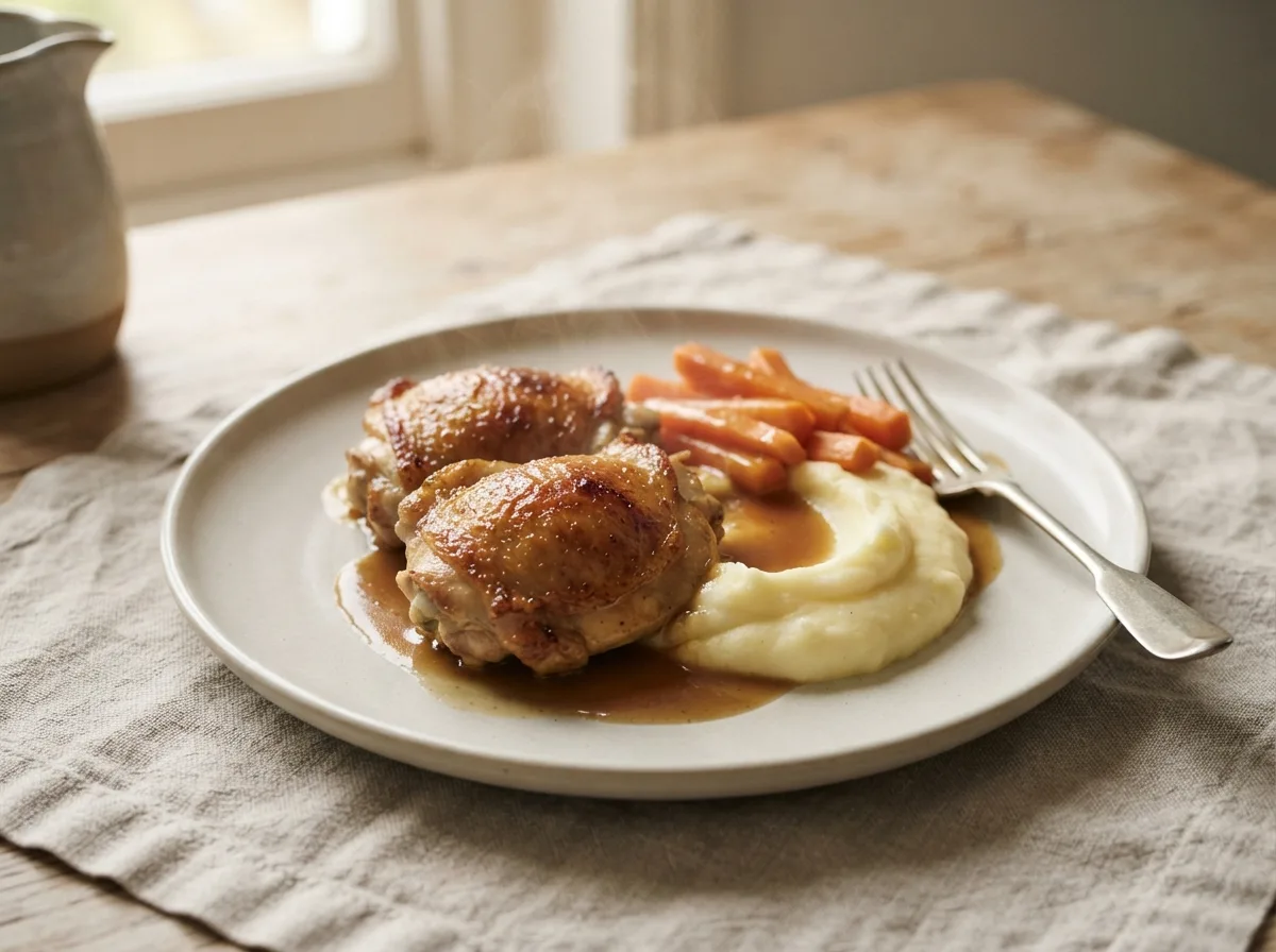 A plate of roast chicken thighs with mashed potato, carrots and gravy.