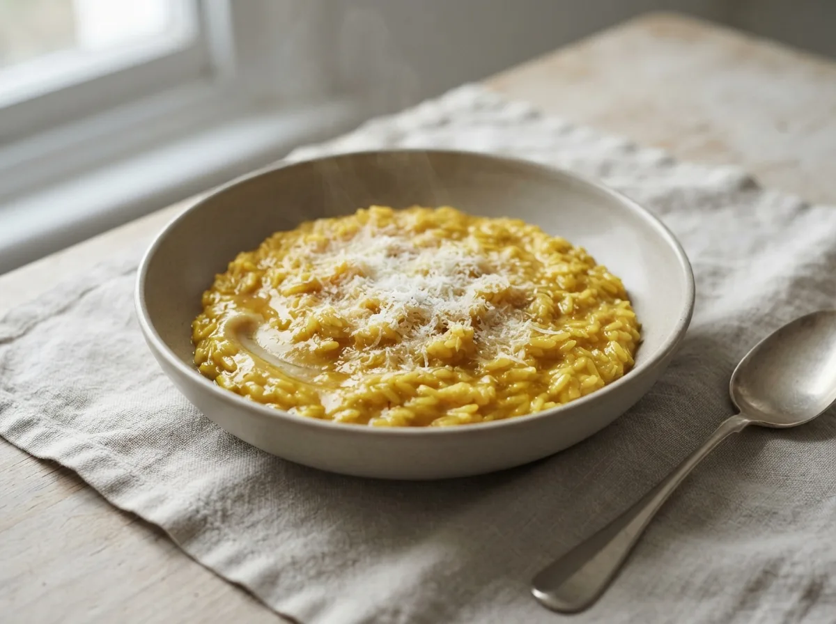 A bowl of deep gold saffron risotto with a fine layer of melting Parmesan.