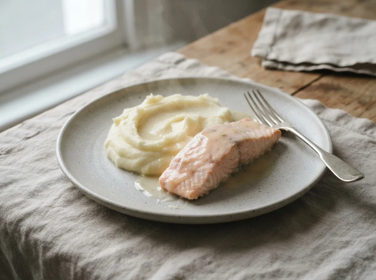 A plate of baked salmon with a glossy butter sauce, served beside silky mashed potato.