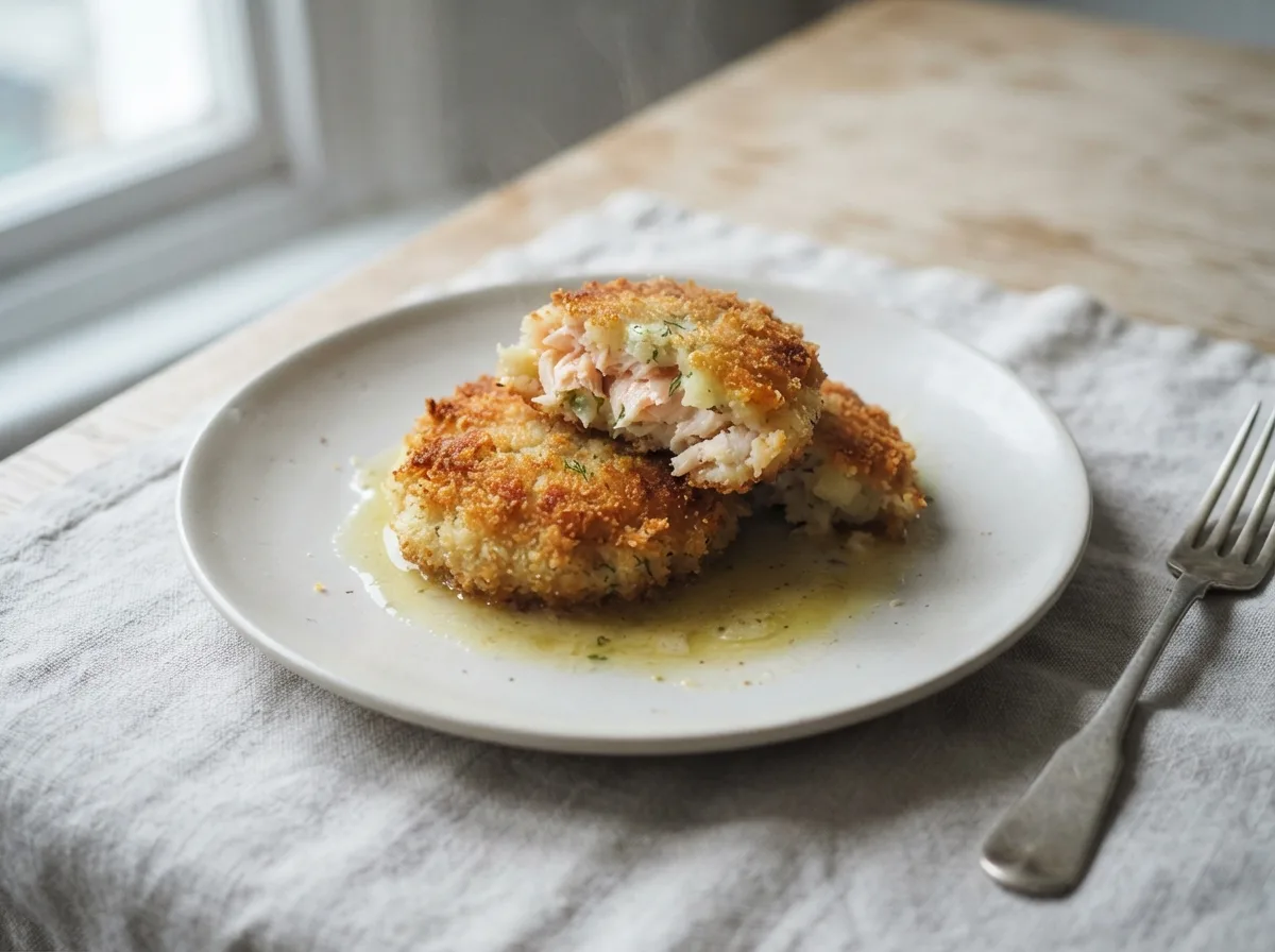 Two golden fishcakes on a plate with melted lemon butter pooling around them.
