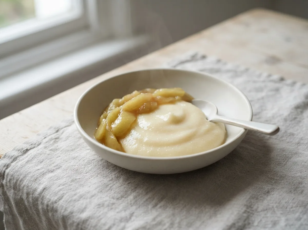 A bowl of thick pale semolina pudding with a ribbon of stewed apple spooned over the top and a spoon resting in the bowl.