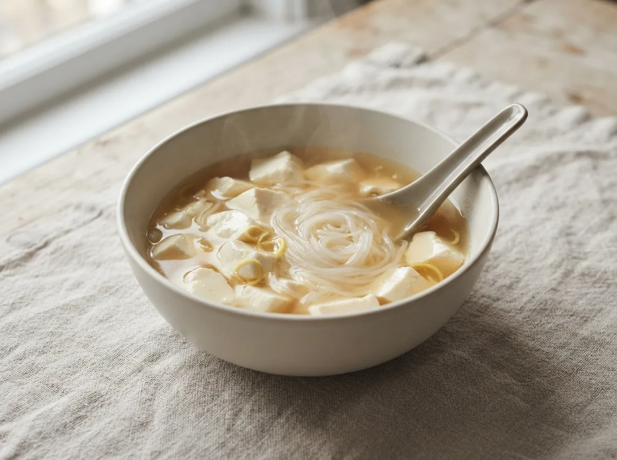 A bowl of rice noodles and silken tofu in a clear ginger-infused broth.
