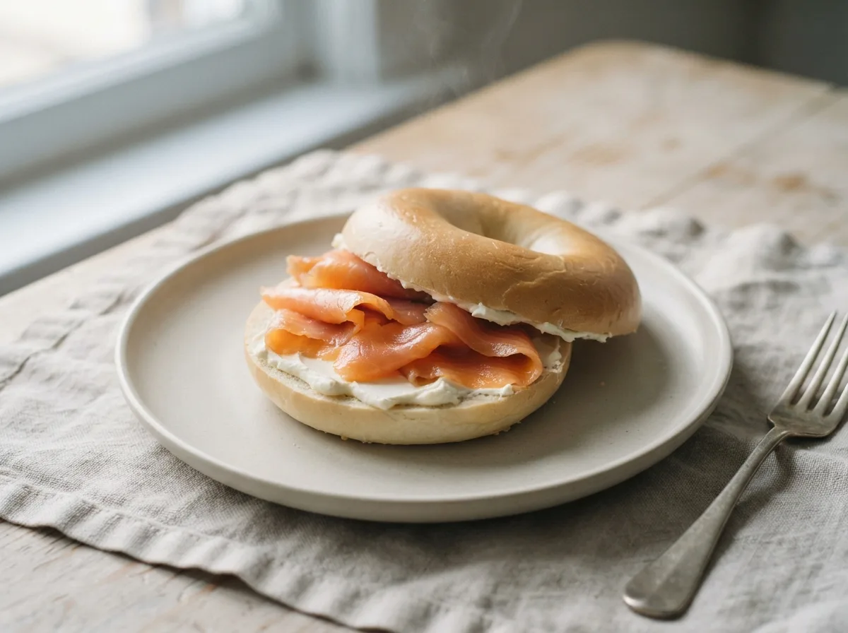 A white bagel filled with cream cheese and folds of smoked salmon on a plate.
