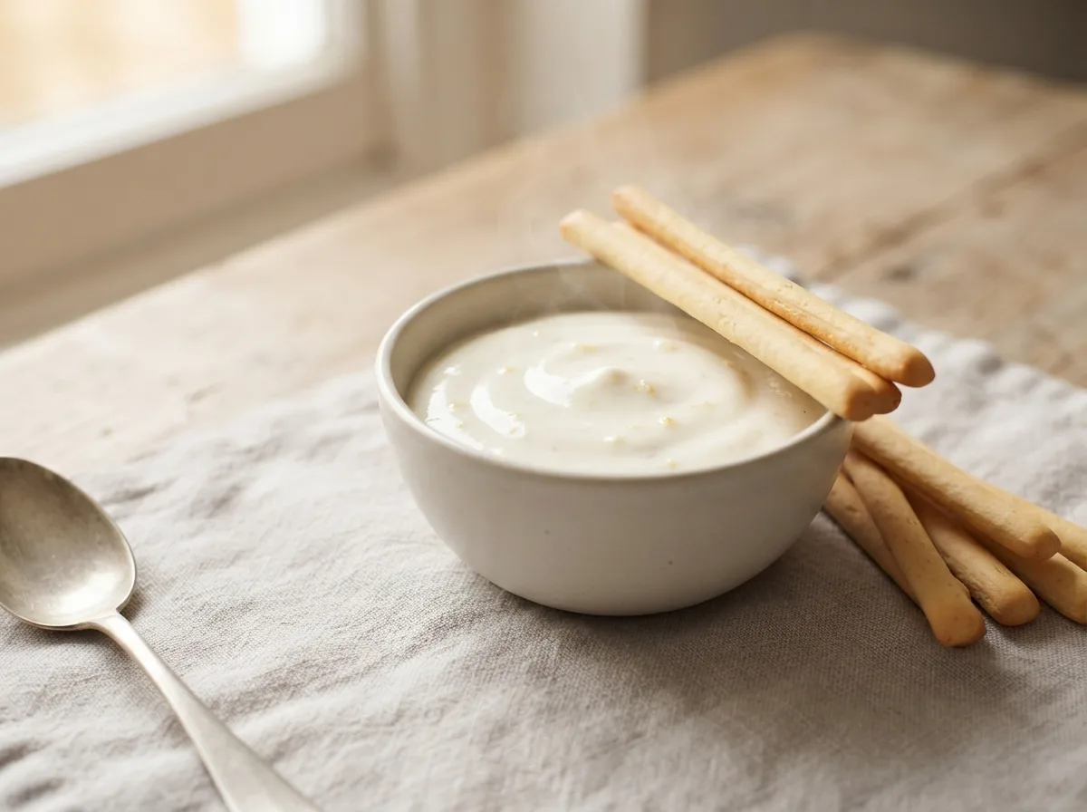 A bowl of smooth cheese dip with plain white breadsticks beside it.