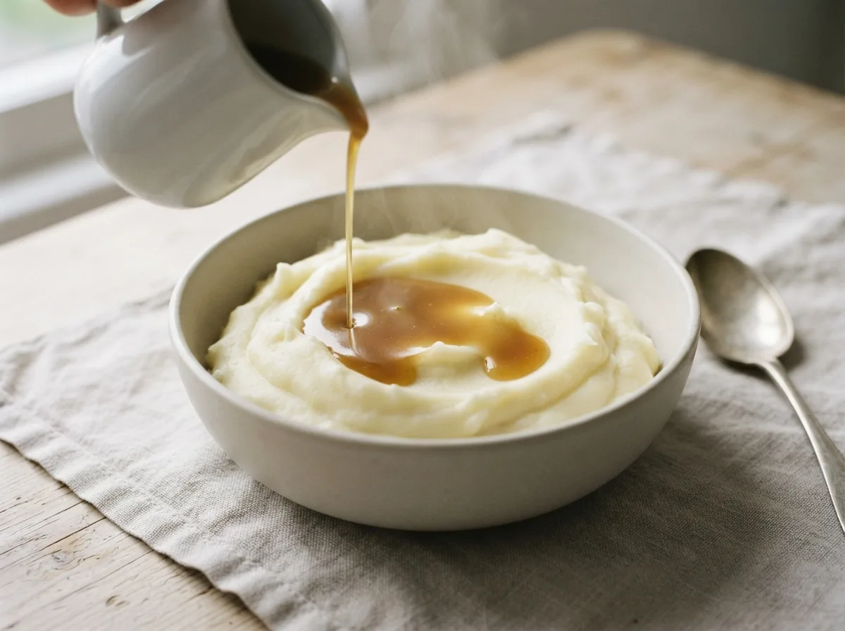 A jug of smooth, glossy gravy being poured in a steady stream.