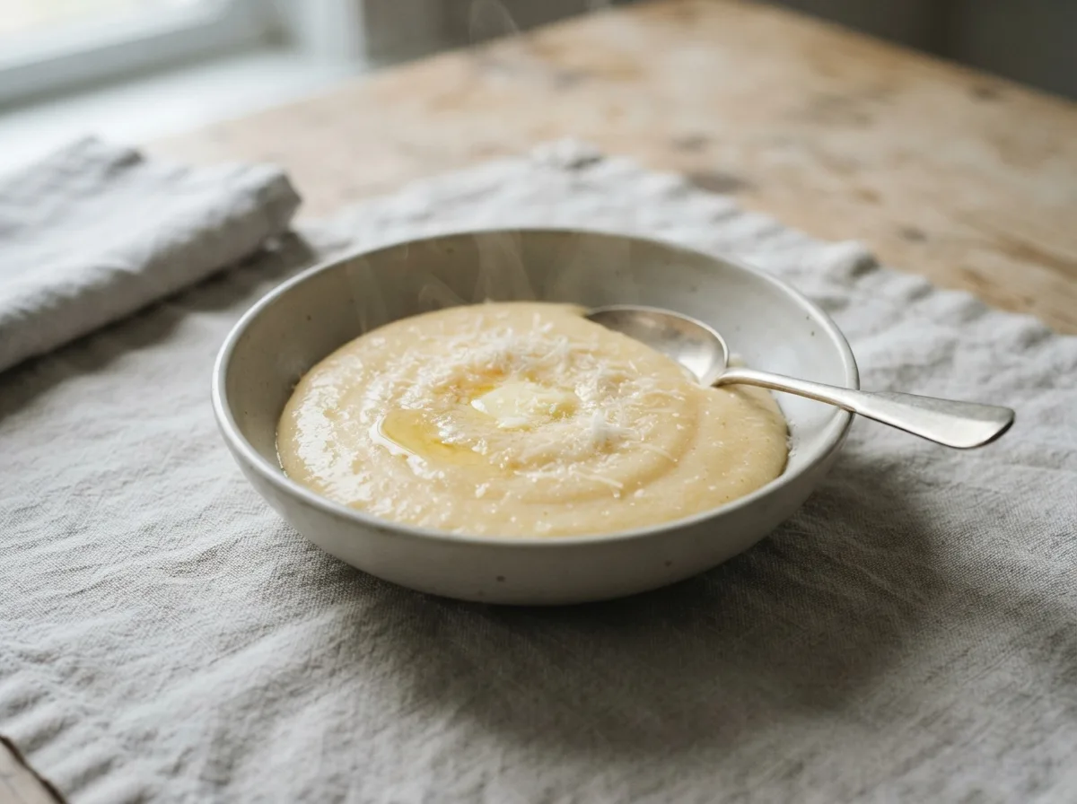 A bowl of loose, glossy polenta with melted butter and grated Parmesan on top, a spoon resting in it.