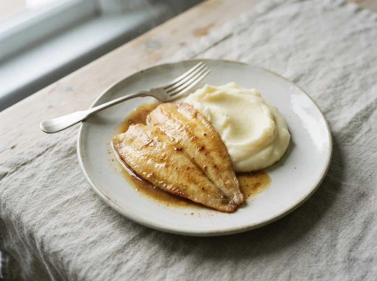 A plate of golden pan-fried sole fillets in brown butter, served beside silky mashed potato.