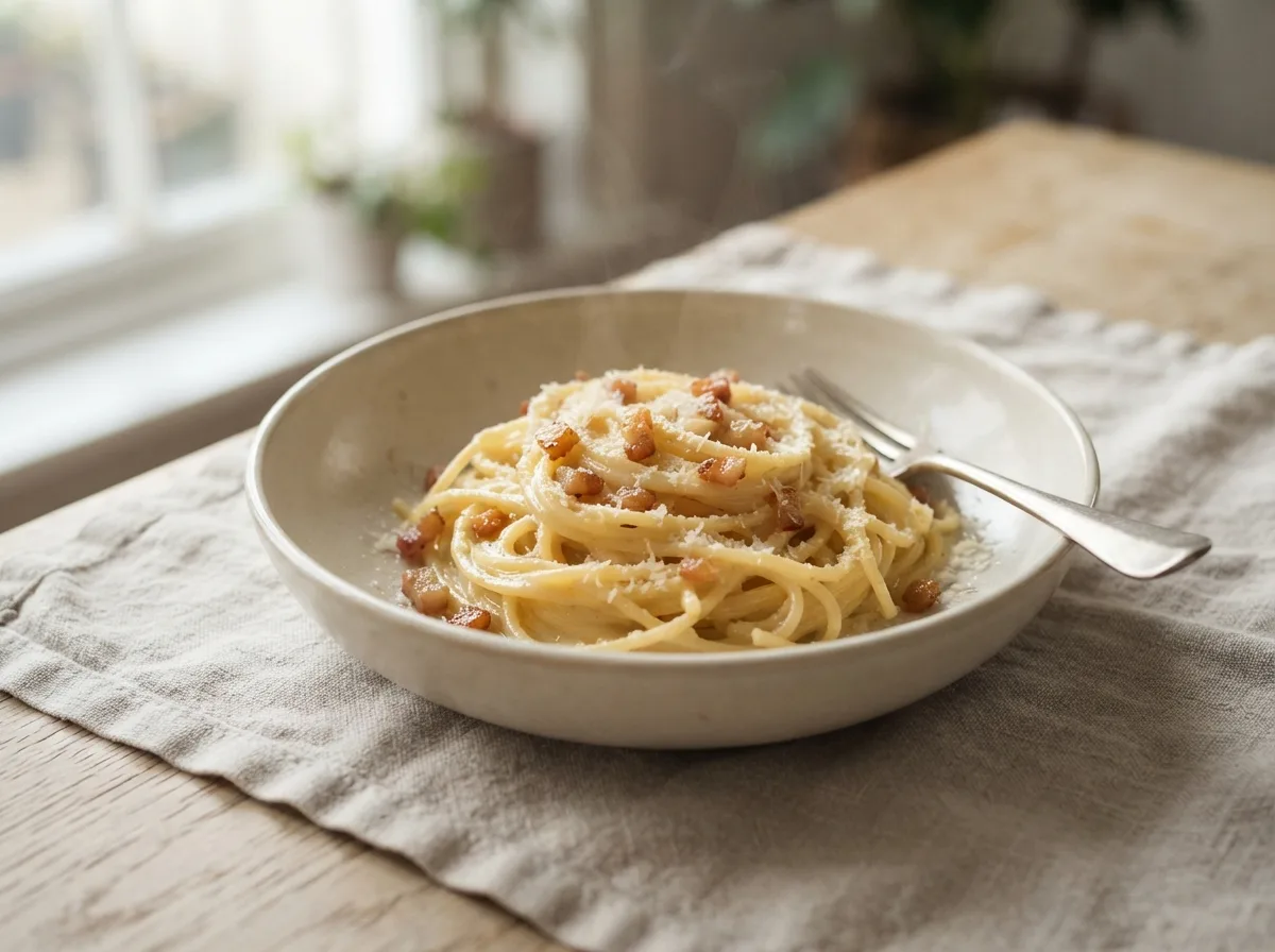 A bowl of spaghetti in a glossy pale-gold carbonara sauce with small pieces of golden pancetta, a fork resting on the rim.