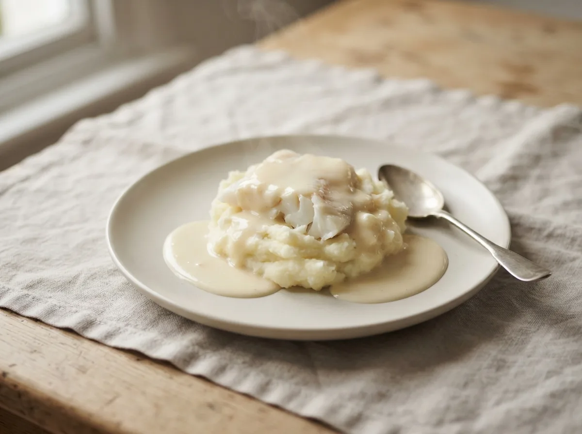 A plate of mashed potato topped with poached cod and a pale, smooth white sauce.