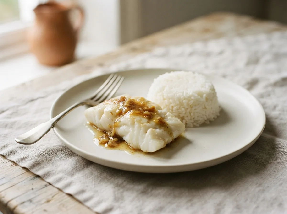 A plate of steamed white fish in soy butter, served beside a mound of steamed white rice.