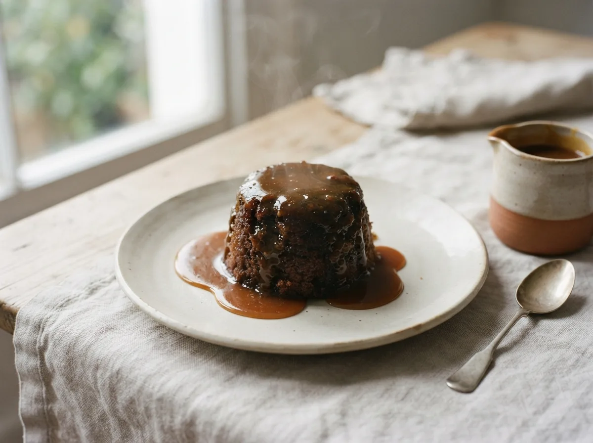 A small sponge pudding on a plate covered in glossy toffee sauce, with a jug of extra sauce beside it.