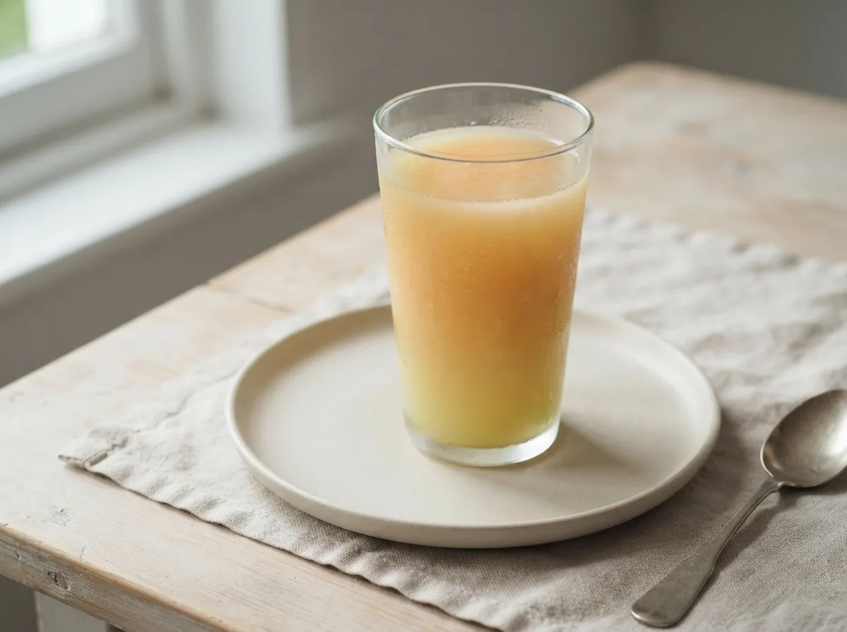 A tall glass of clear, pale orange melon juice, beaded with condensation.