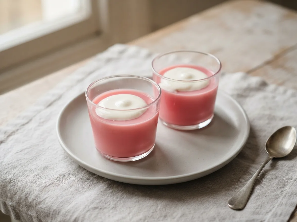 Two glasses of bright pink strawberry milk jelly topped with a little cream.