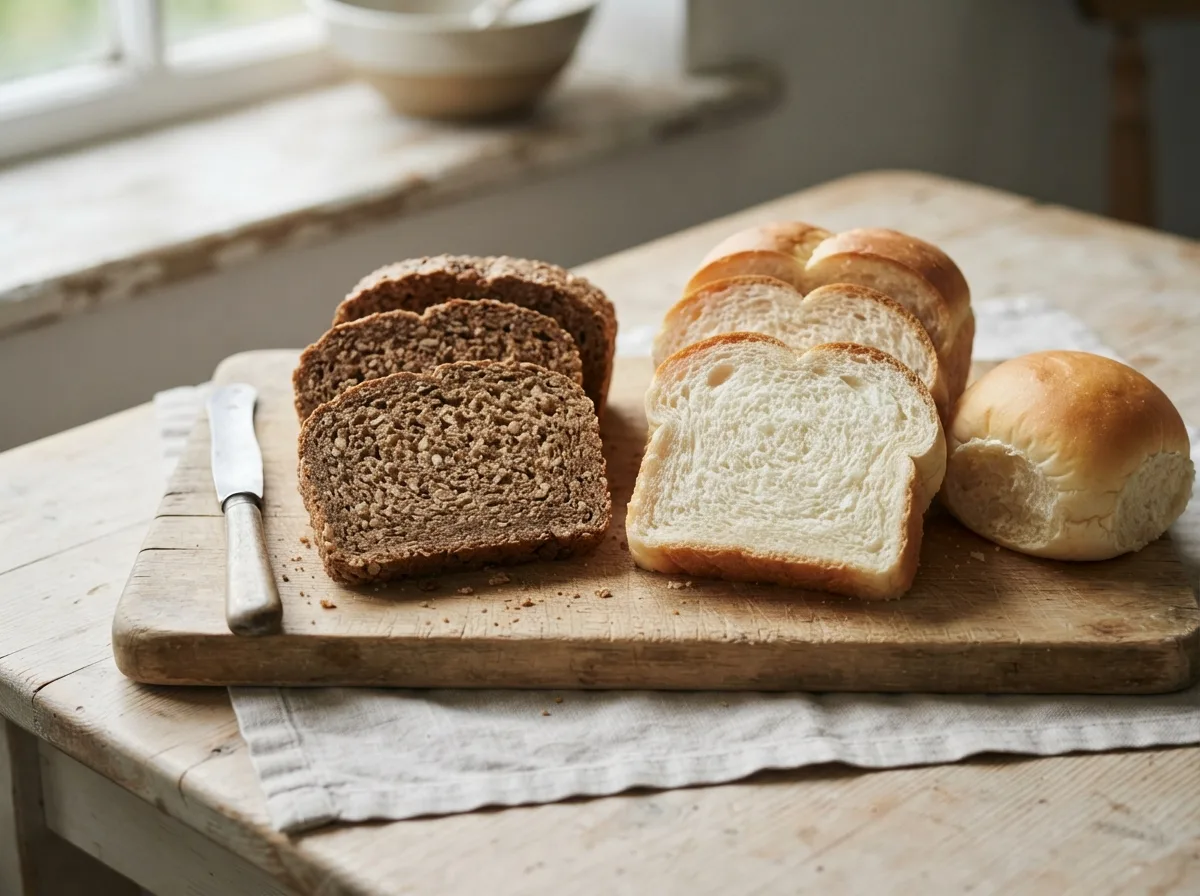 Visual comparison: dense dark seeded bread on the left versus soft cloud-like white bread and golden brioche on the right