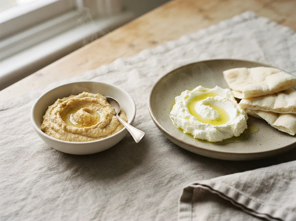 Visual comparison: grainy chickpea hummus on the left versus light whipped feta with olive oil and soft white pitta on the right