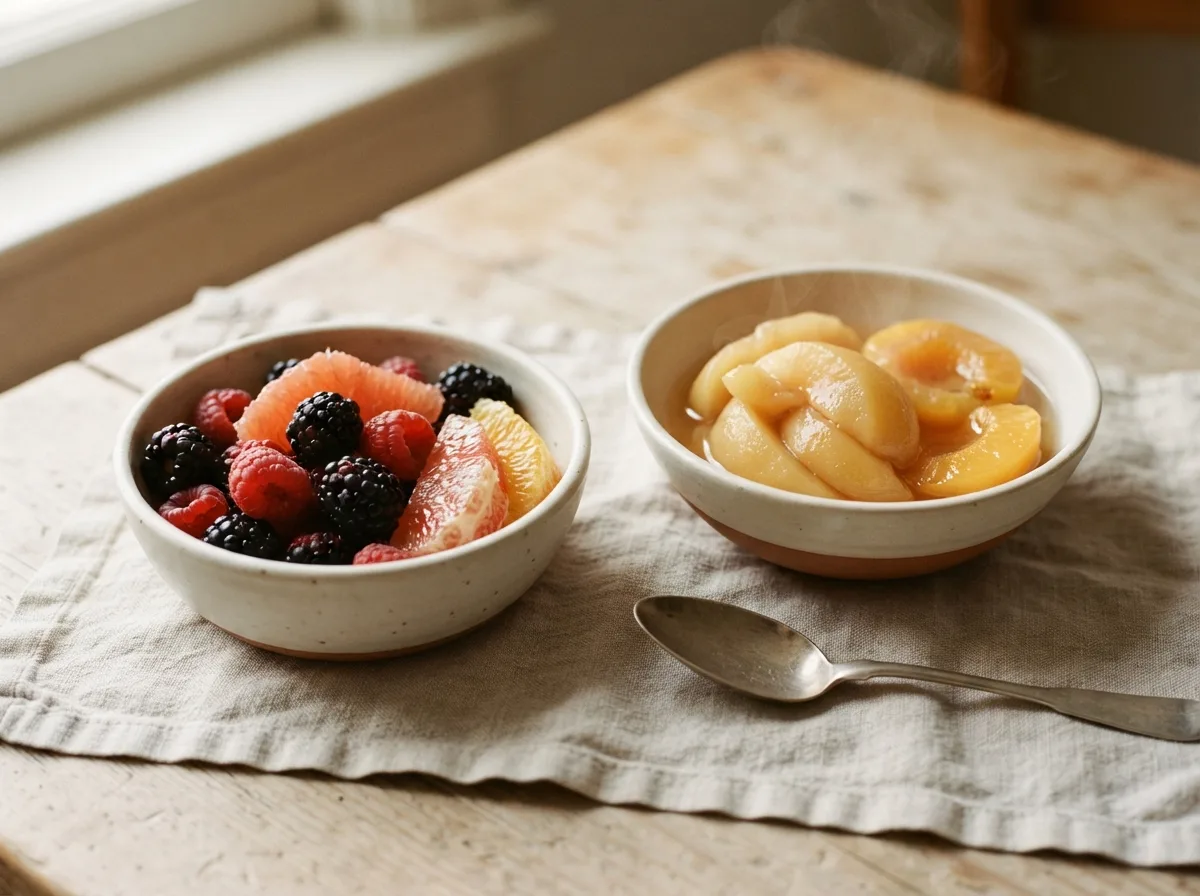 Visual comparison: fresh blackberries and citrus with pith on the left versus tender golden stewed apples and soft peach slices on the right