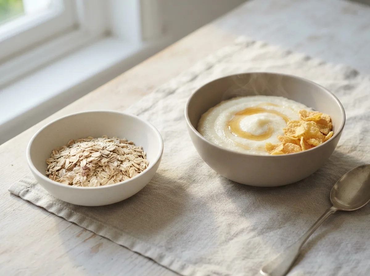 Visual comparison: dry coarse rolled oats on the left versus hot creamy semolina porridge with honey swirl and cornflakes on the right