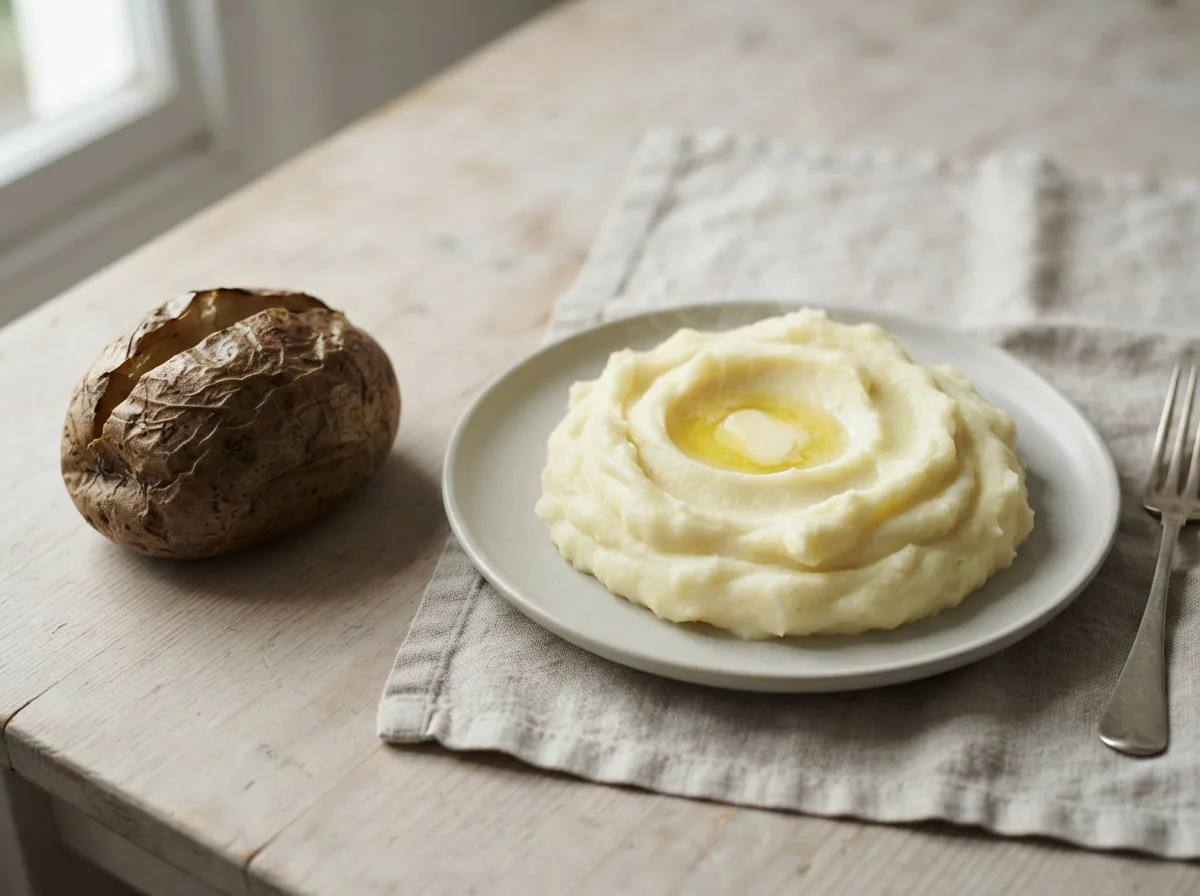 Visual comparison: baked jacket potato with tough wrinkled skin on the left versus silky mashed potato with a melting pool of butter on the right