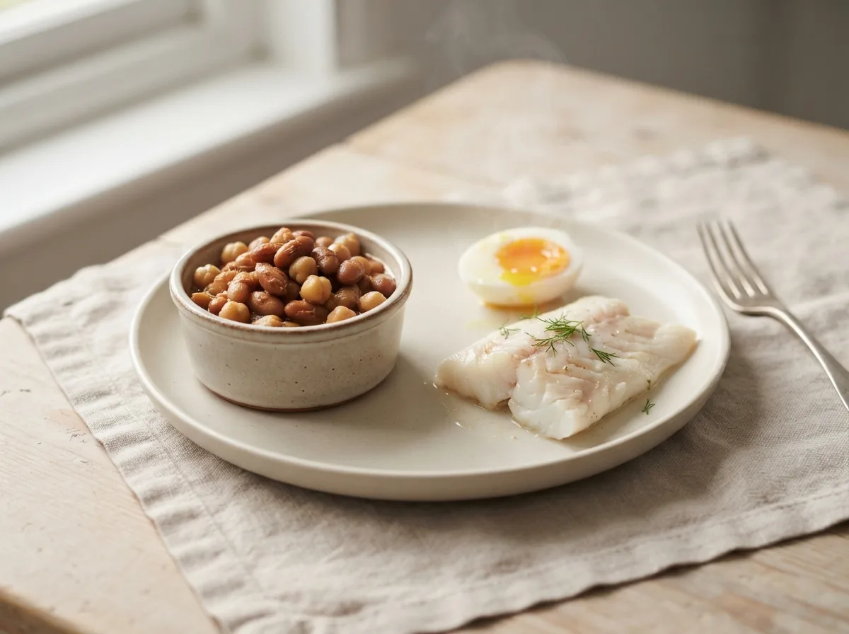 Visual comparison: baked beans and whole chickpeas on the left versus tender poached white fish and soft-boiled egg on the right